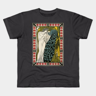 Lady and Peacock by W.H. Bradley Kids T-Shirt